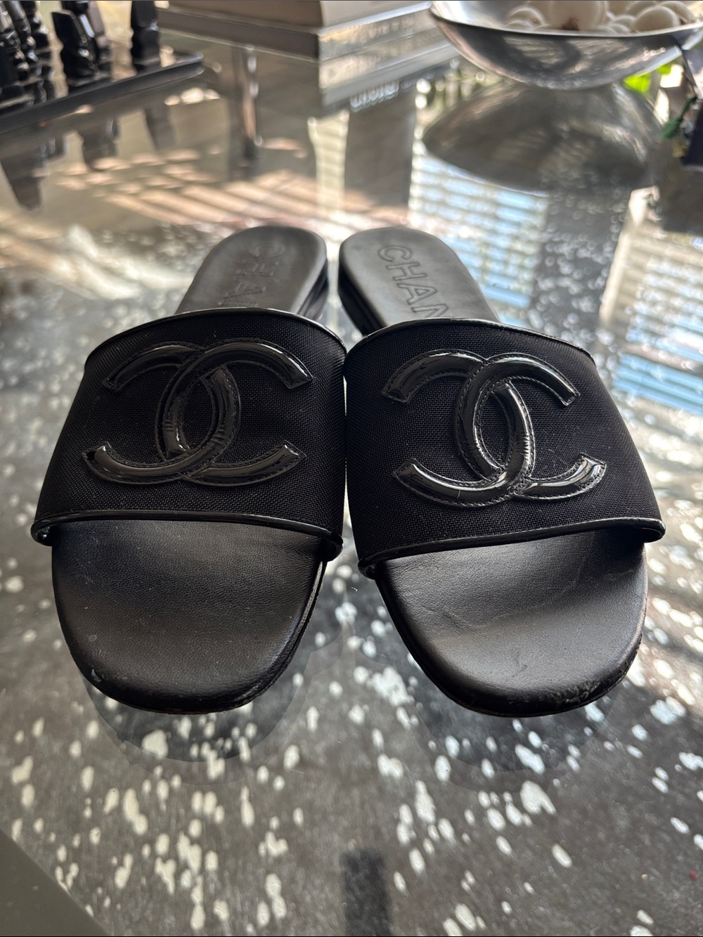 CHANEL Black Slide Sandals with Raised CC Logo